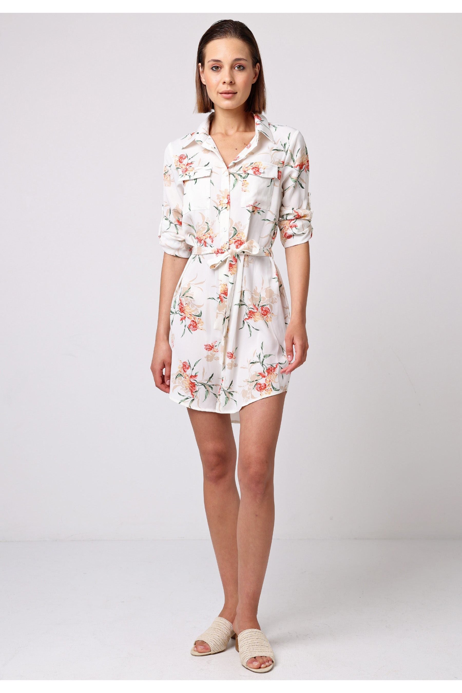 Shirt Dress With 3/4 Sleeve And Tie Belt In White Floral T038907WHTF