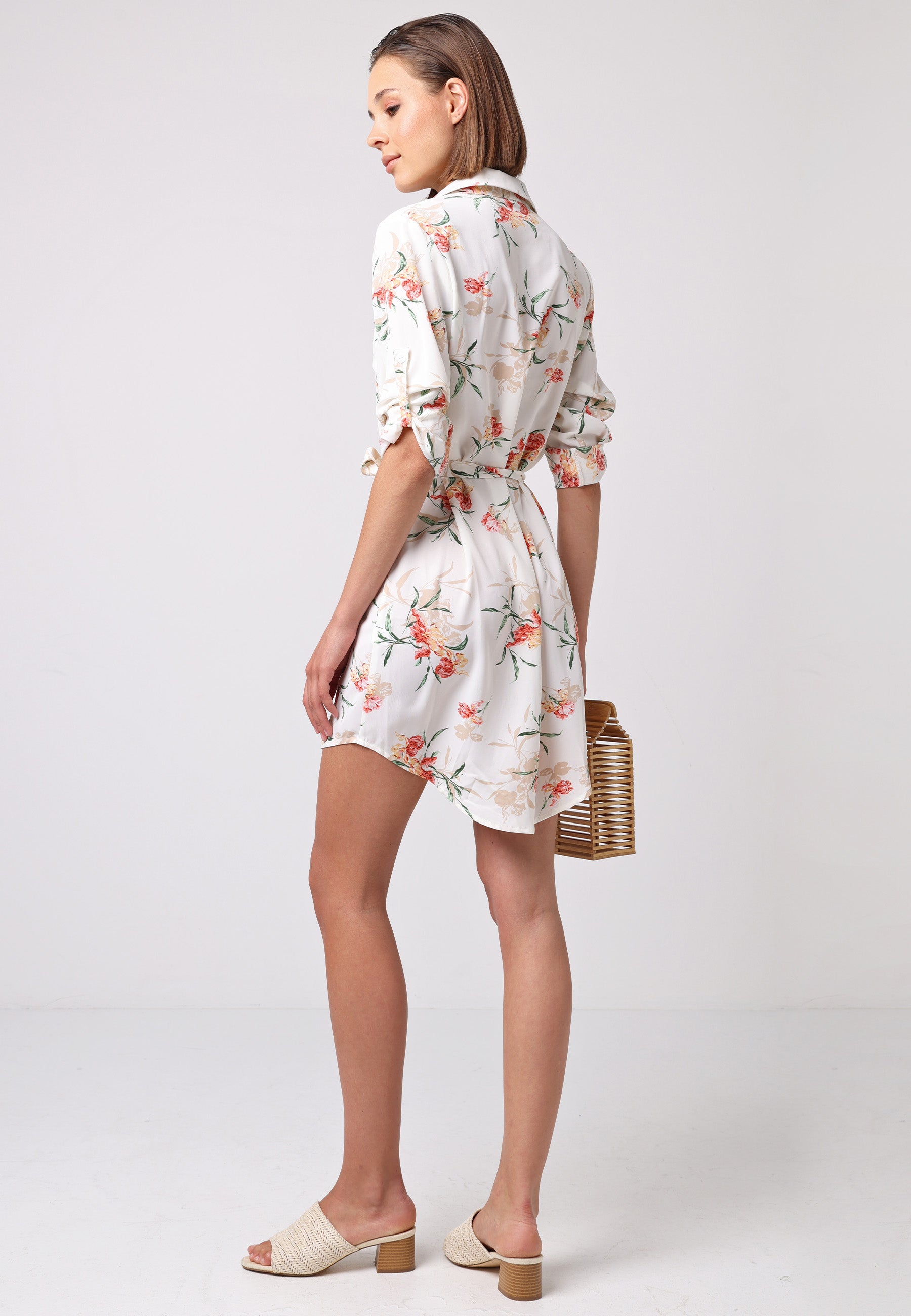Shirt Dress With 3/4 Sleeve And Tie Belt In White Floral T038907WHTF