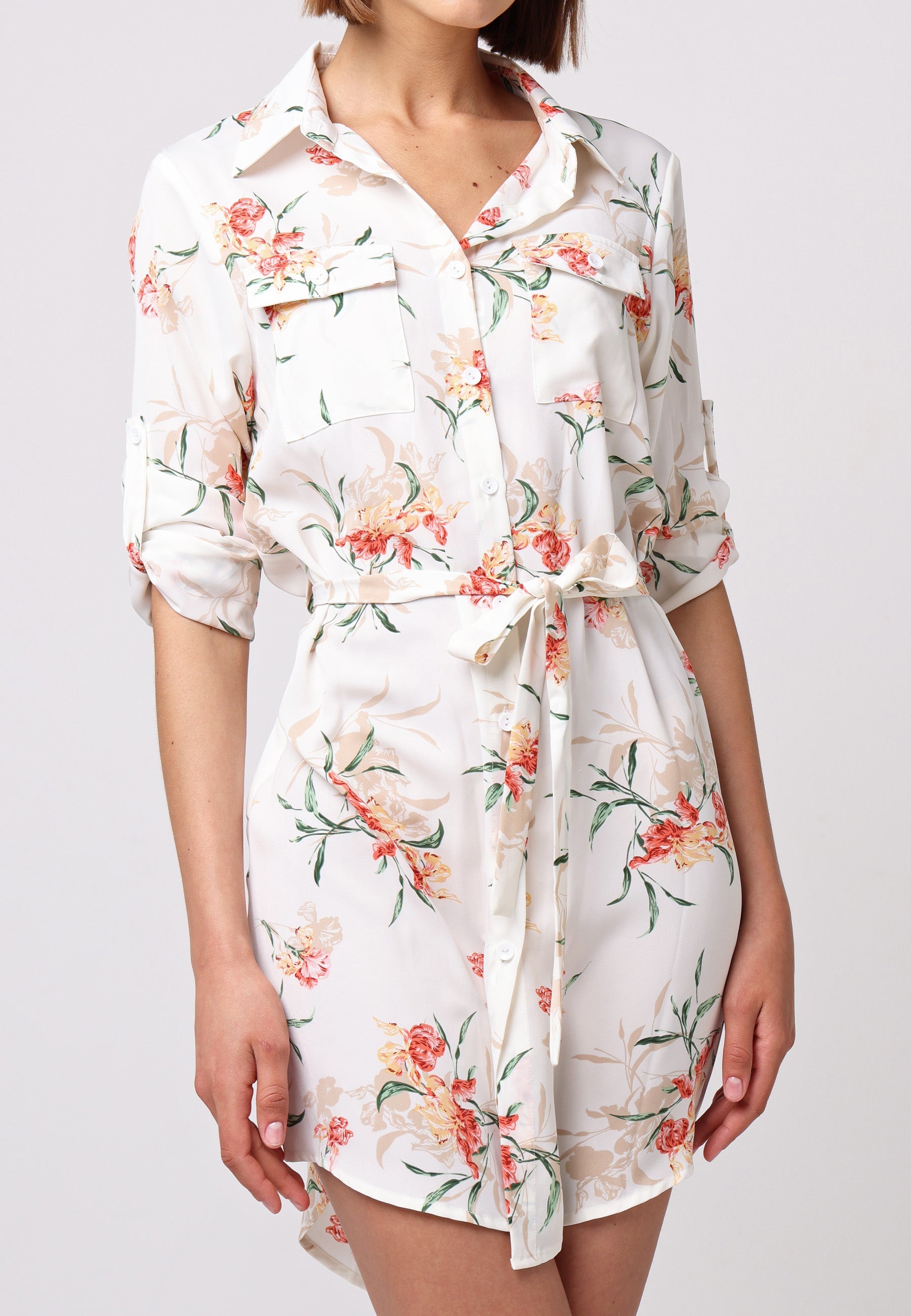 Shirt Dress With 3/4 Sleeve And Tie Belt In White Floral T038907WHTF