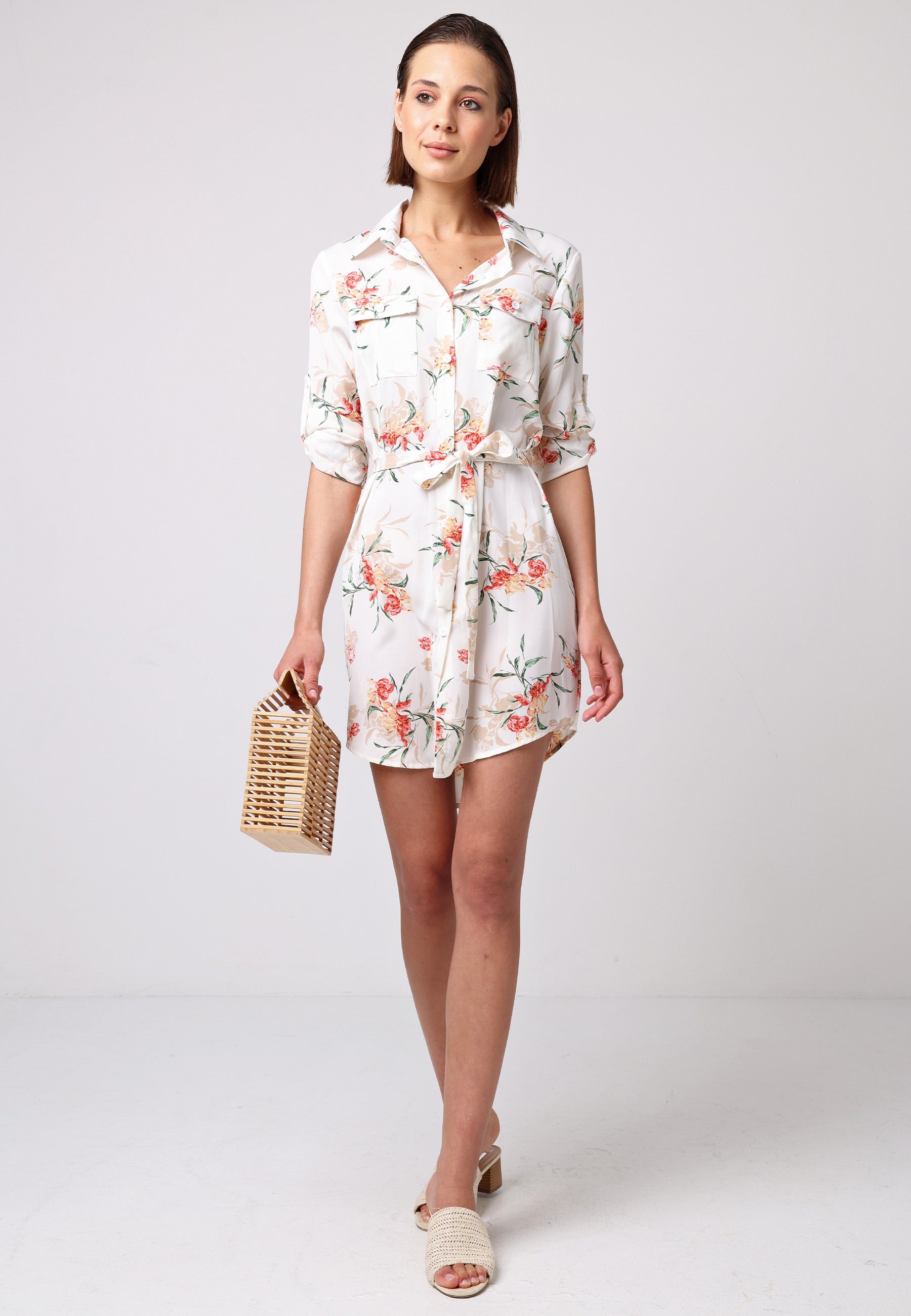 Shirt Dress With 3/4 Sleeve And Tie Belt In White Floral T038907WHTF