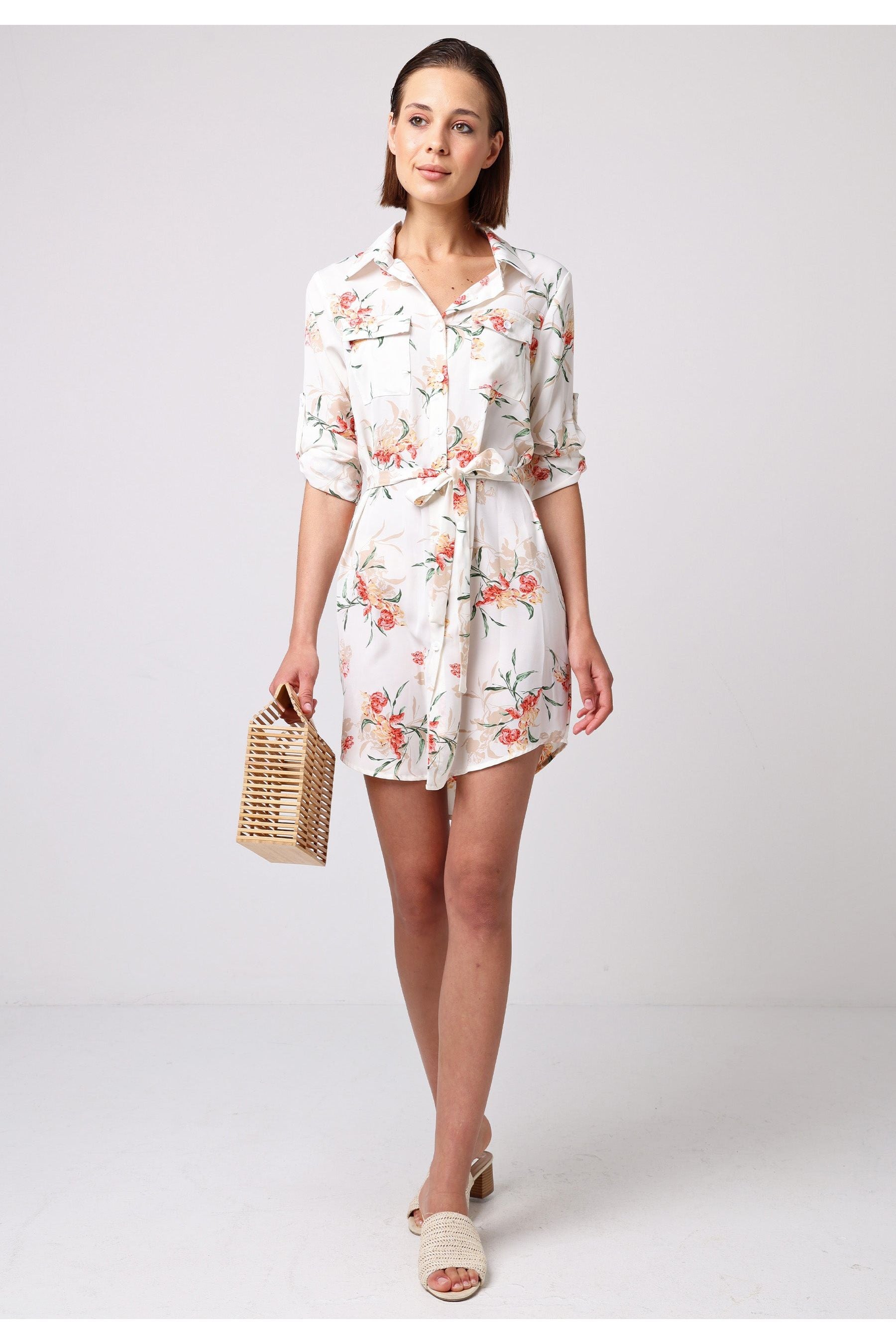 Shirt Dress With 3/4 Sleeve And Tie Belt In White Floral T038907WHTF