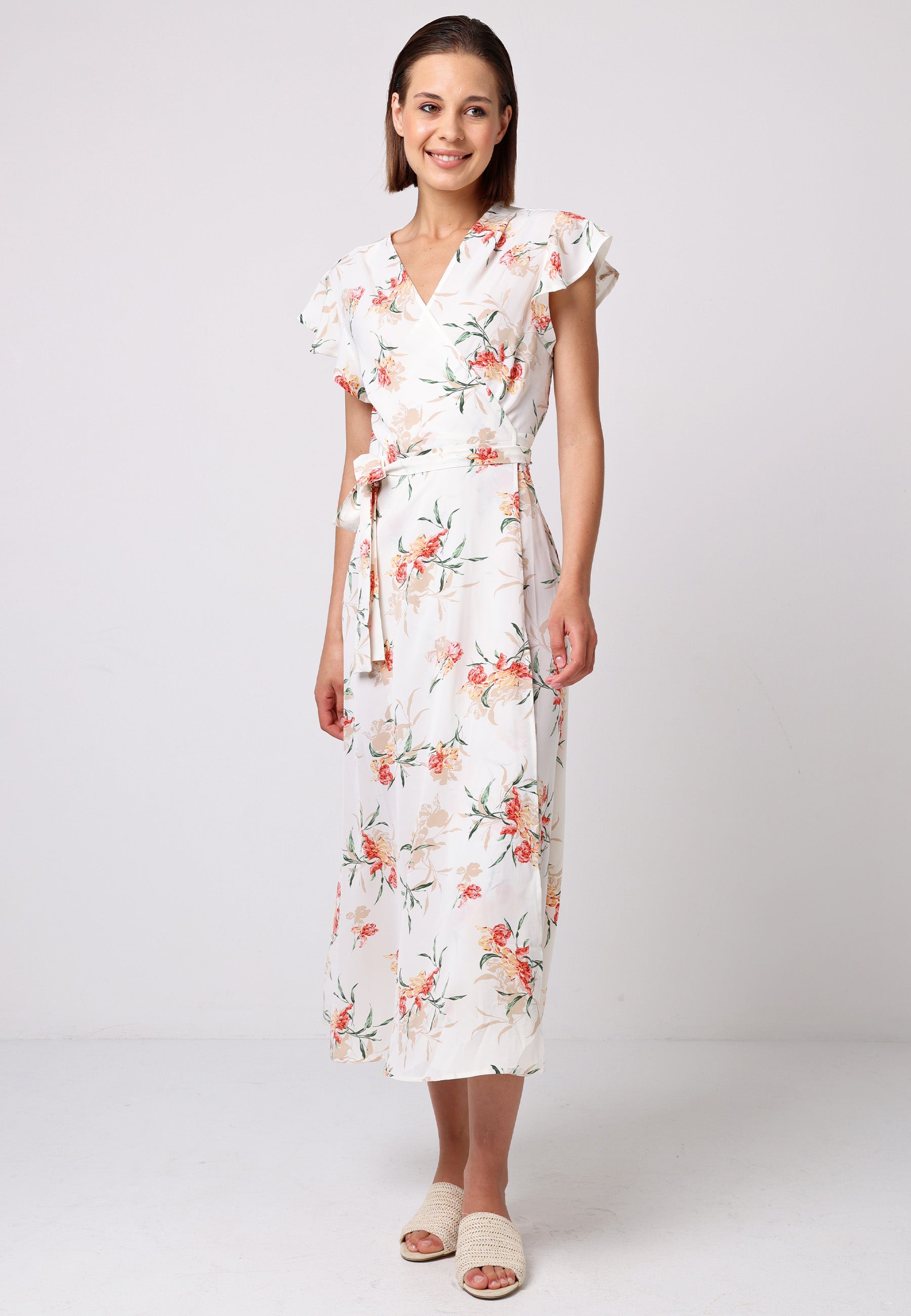 Wrap Maxi Dress With Cap Sleeve In White Floral T038908WHTF