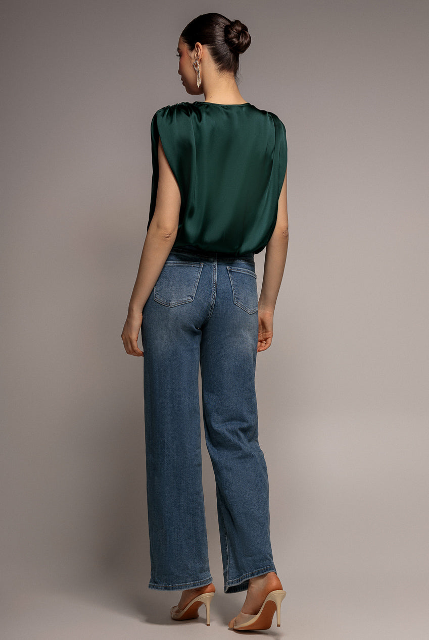 Satin Wrap Style Top With Shoulder Pad - Emerald Green T165