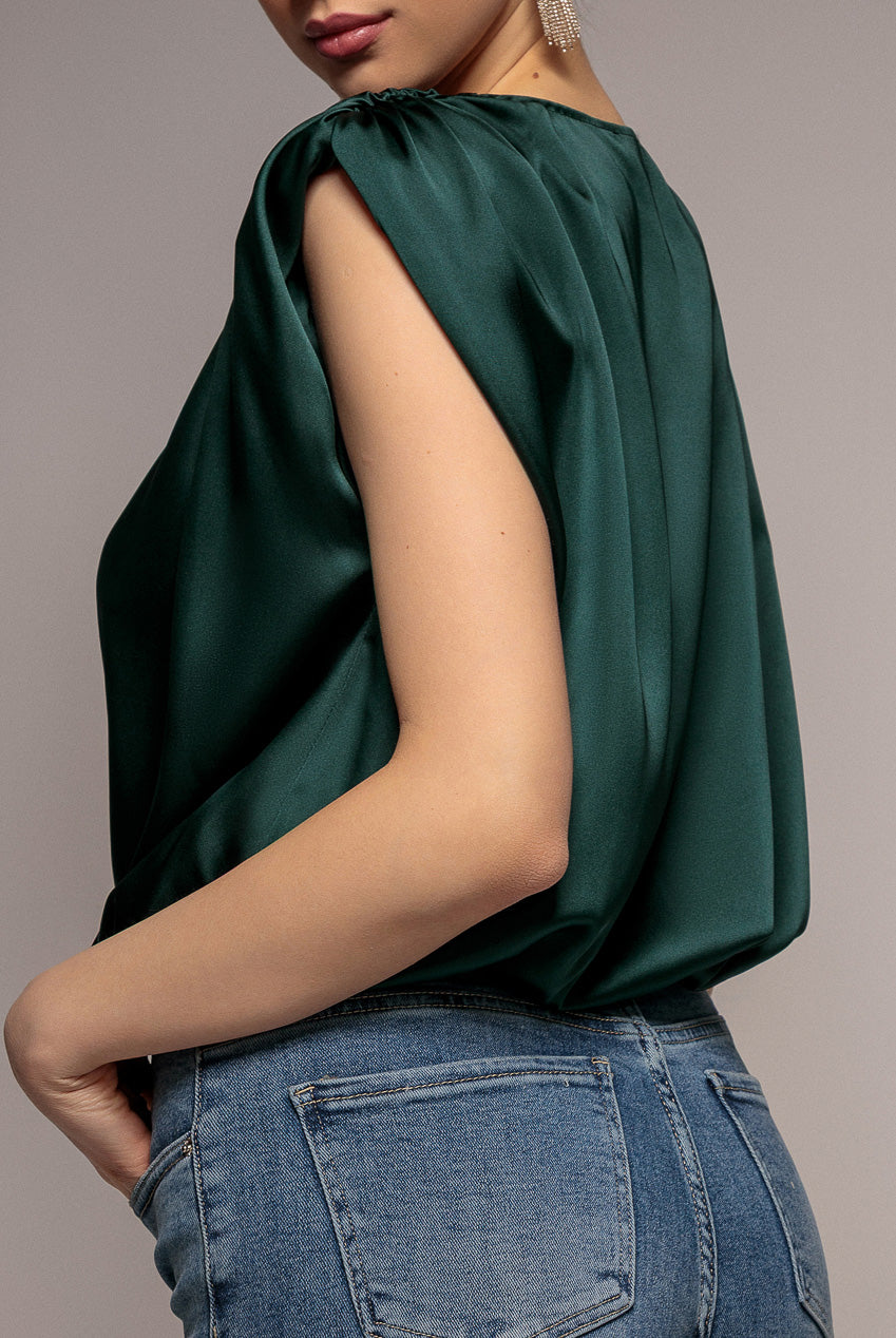 Satin Wrap Style Top With Shoulder Pad - Emerald Green T165