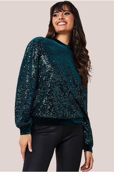 Sequin Velvet Jumper - Emerald Green by Goddiva