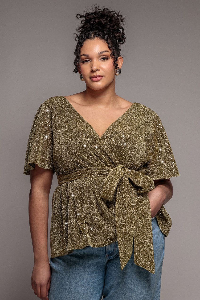 Lurex Flutter Sleeve Wrap Top - Gold T204P