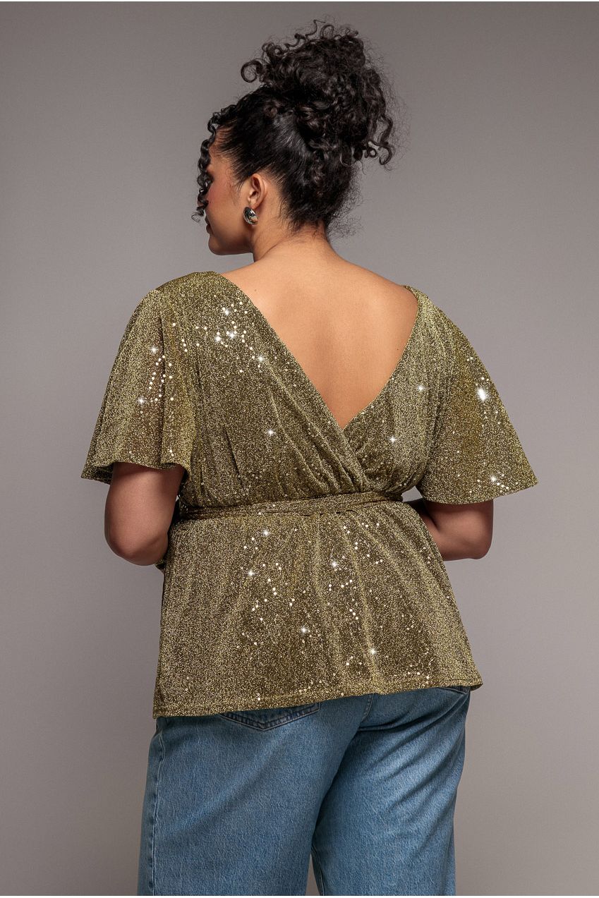 Lurex Flutter Sleeve Wrap Top - Gold T204P
