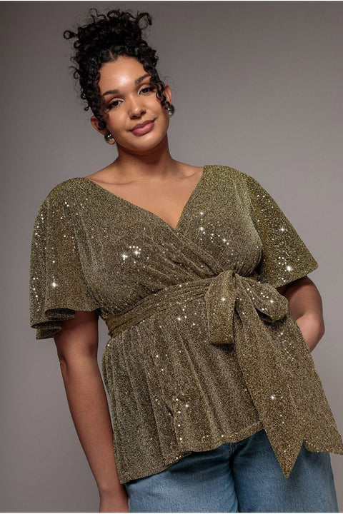 Lurex Flutter Sleeve Wrap Top - Gold by Goddiva Plus
