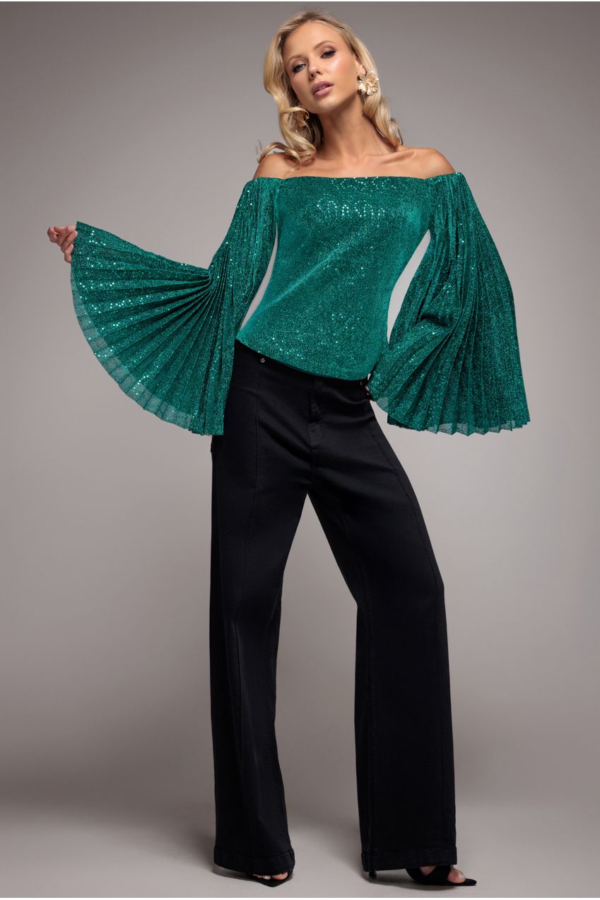 Sequin Lurex Bardot Pleated Sleeve Top - Teal Blue T205