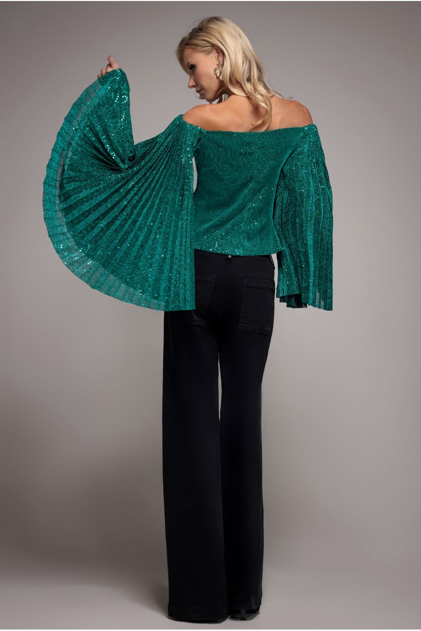 Sequin Lurex Bardot Pleated Sleeve Top - Teal Blue T205