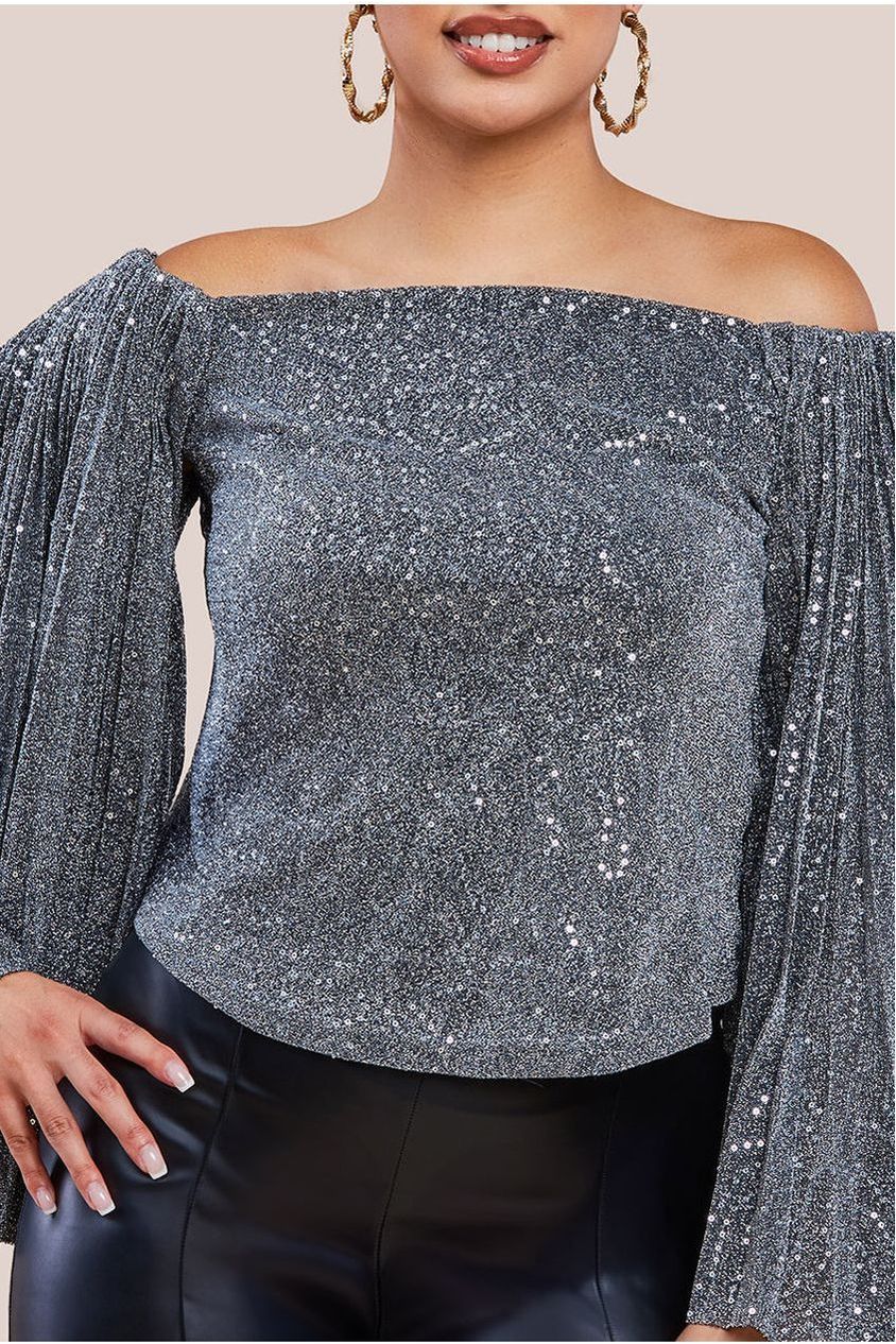 Sequin Lurex Bardot Pleated Sleeve Top - Silver T205