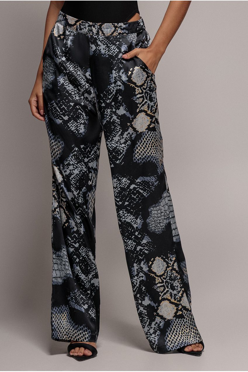 Foil Print Wide Leg Trousers - Black TR369
