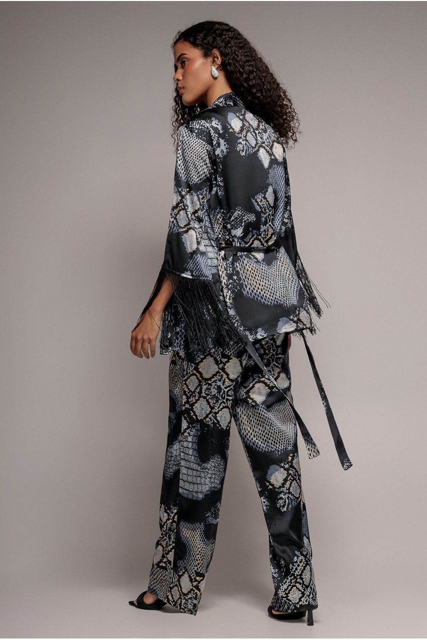 Foil Print Kimono With Tassels - Black T217