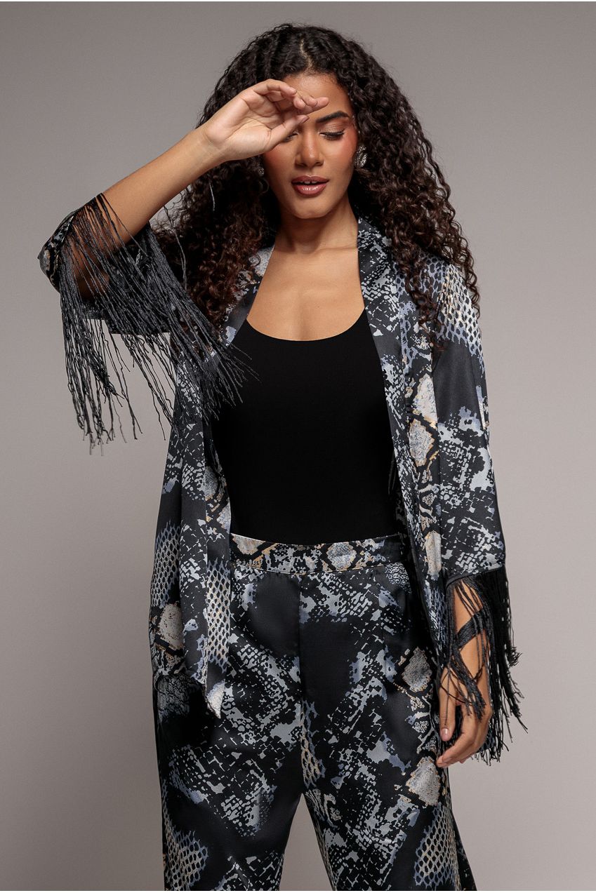 Foil Print Kimono With Tassels - Black T217