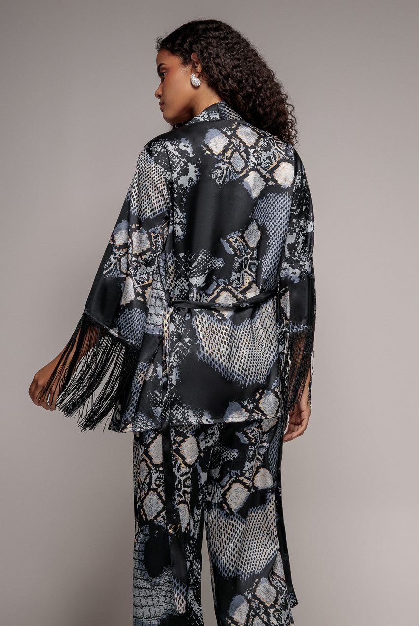 Foil Print Kimono With Tassels - Black T217