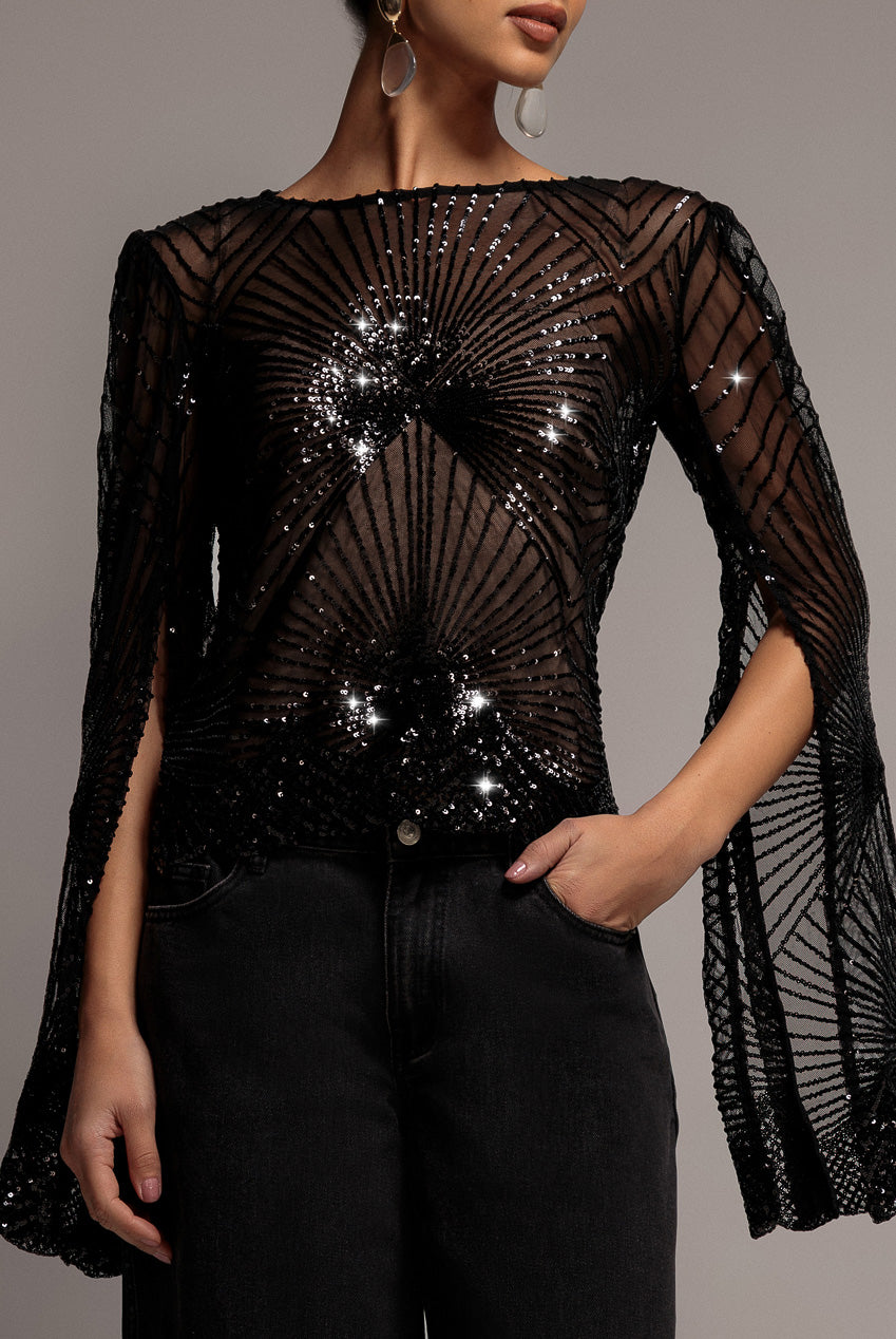 Sequin Starburst Cape Sleeve Top - Black T224