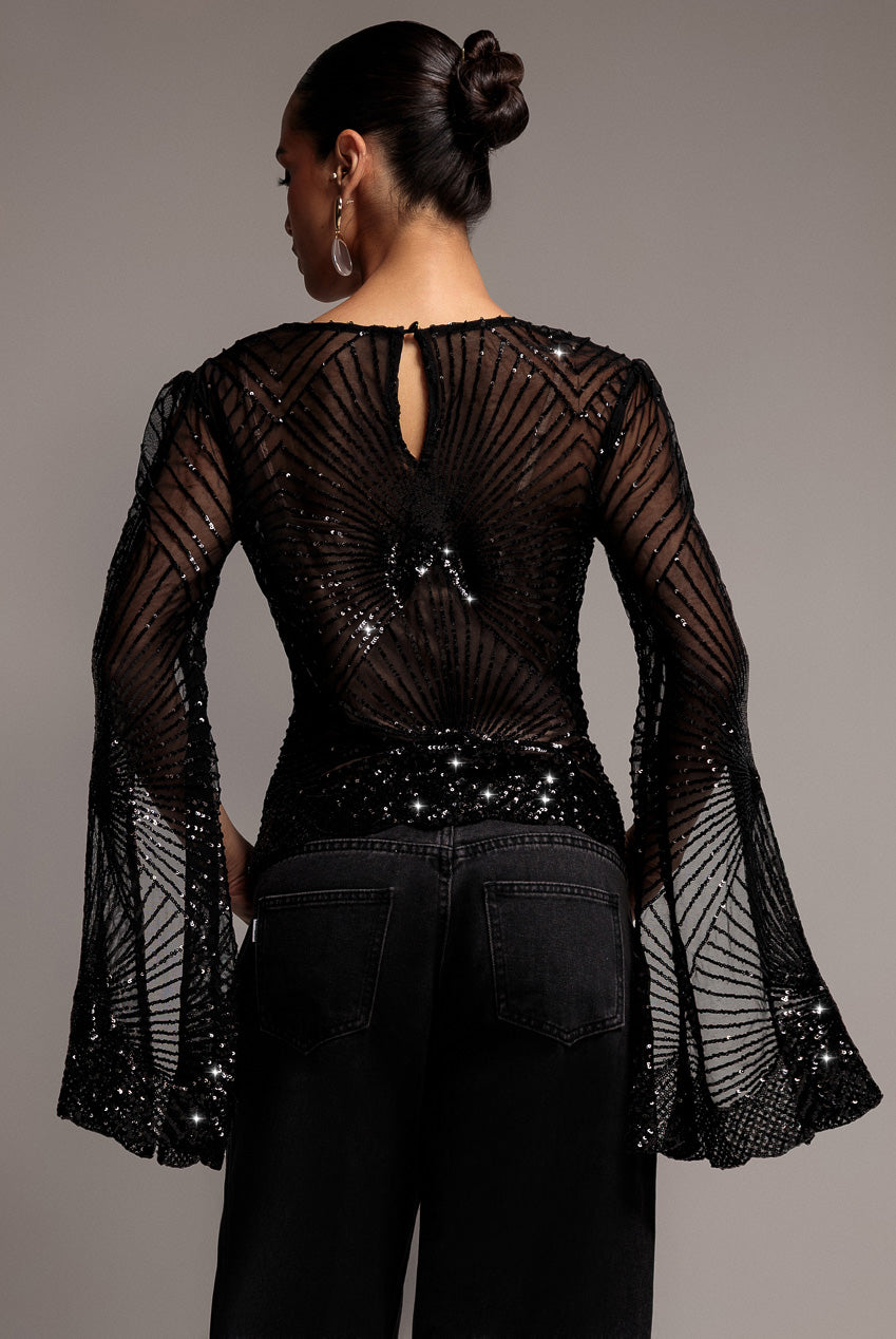Sequin Starburst Cape Sleeve Top - Black T224