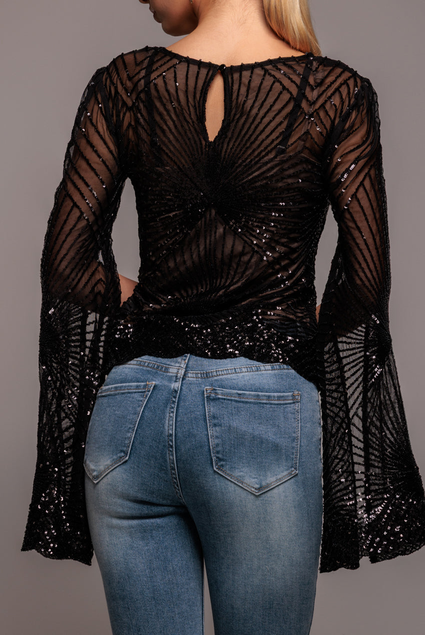 Sequin Starburst Cape Sleeve Top - Black T224