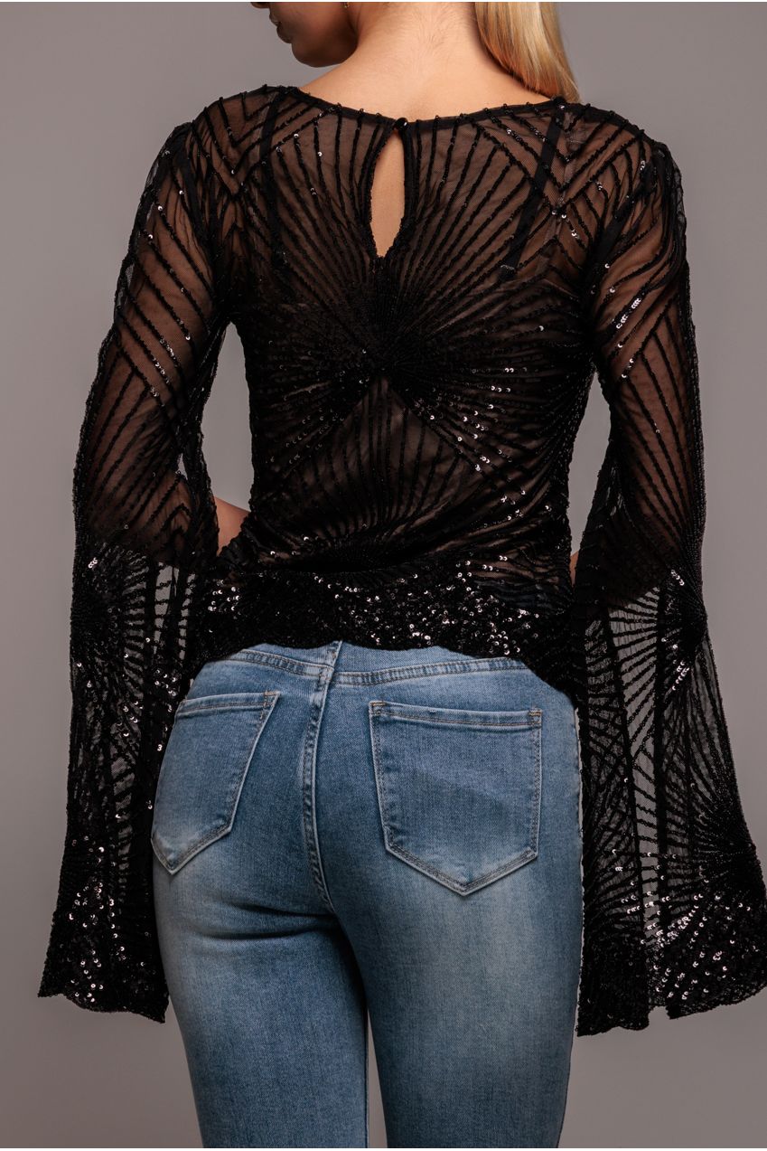 Sequin Starburst Cape Sleeve Top - Black T224