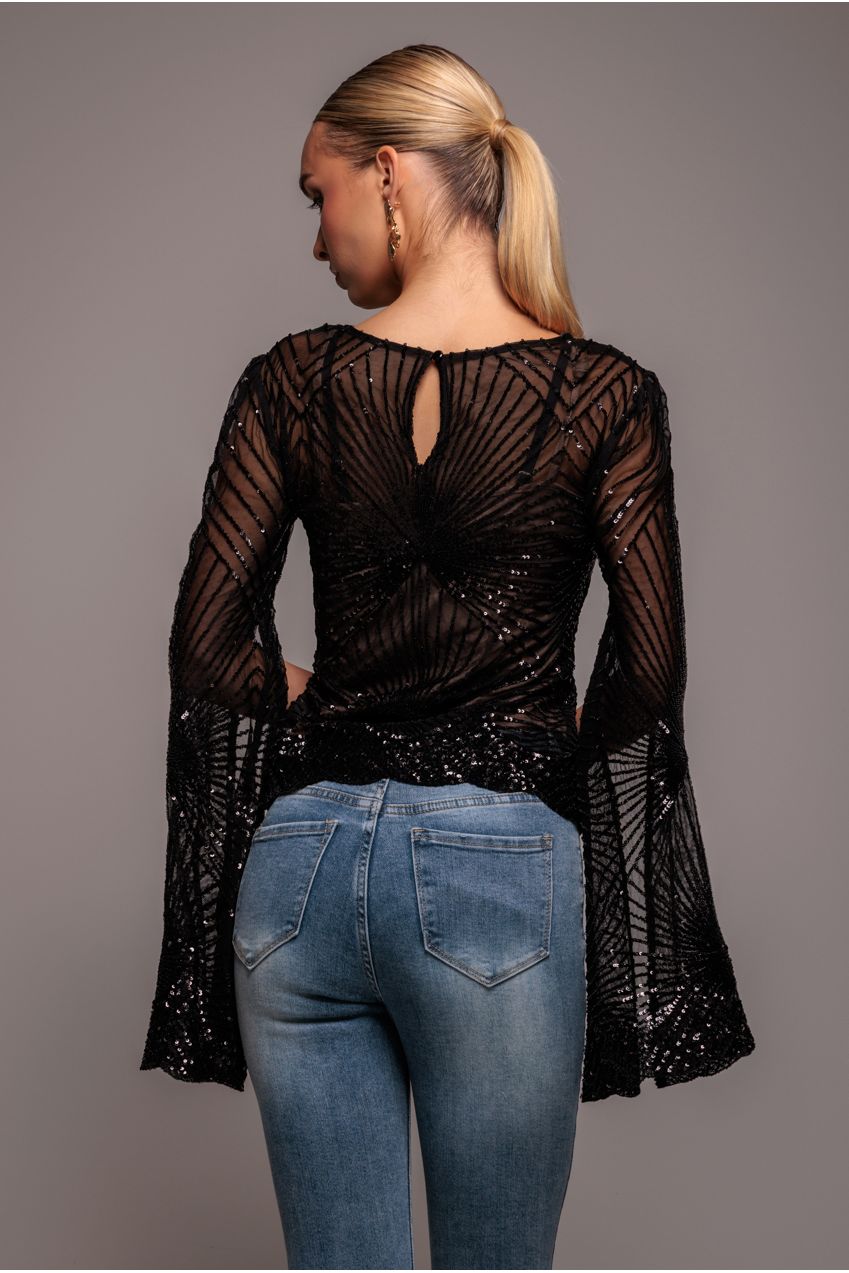 Sequin Starburst Cape Sleeve Top - Black T224