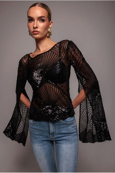 Sequin Starburst Cape Sleeve Top - Black by Goddiva