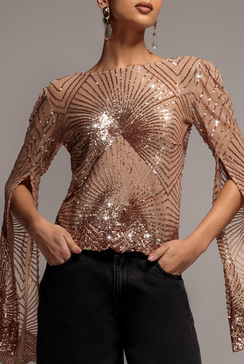 Sequin Starburst Cape Sleeve Top - Champagne T224