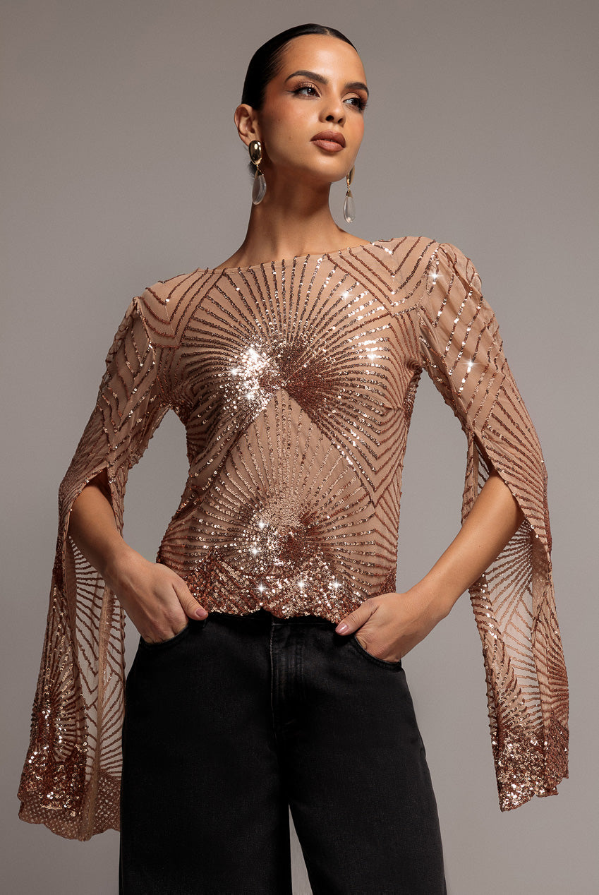 Sequin Starburst Cape Sleeve Top - Champagne T224