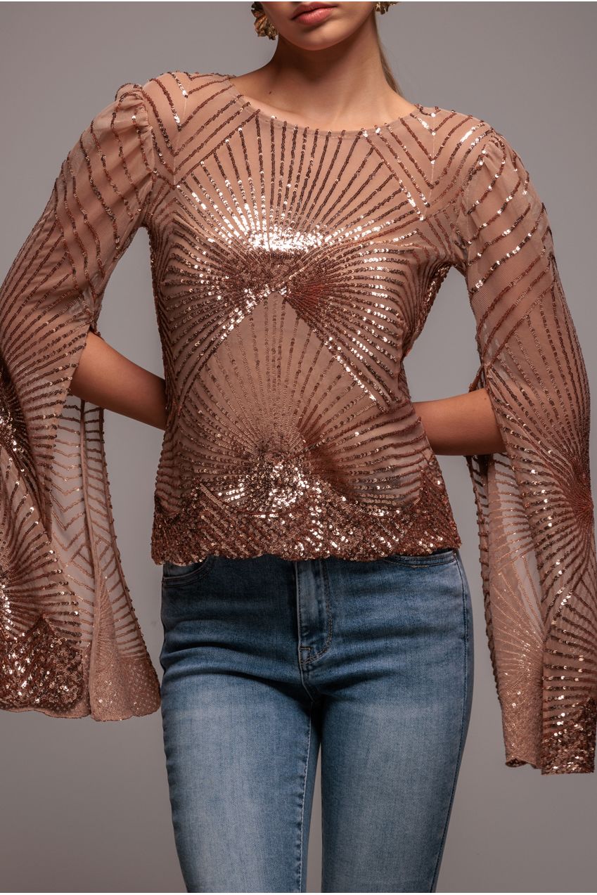 Sequin Starburst Cape Sleeve Top - Champagne T224