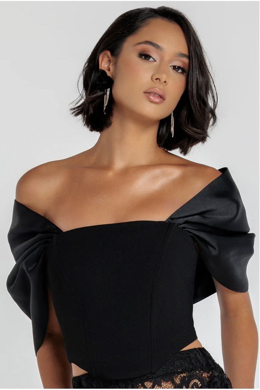 Off Shoulder Back Satin Bow Scuba Corset - Black T225