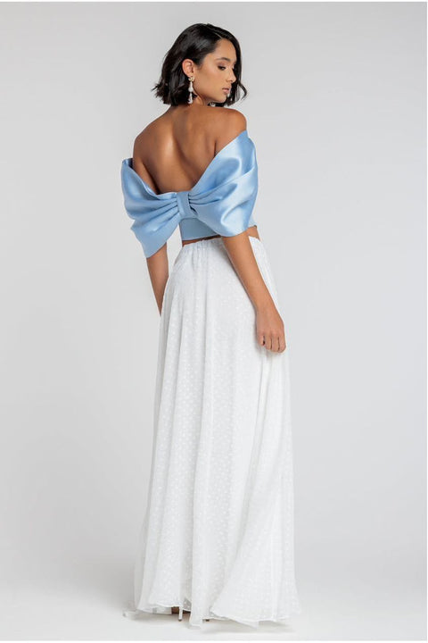 Off Shoulder Back Satin Bow Scuba Corset - Light Blue by Goddiva