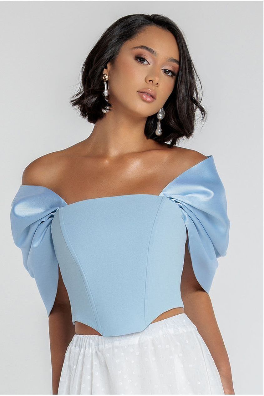 Off Shoulder Back Satin Bow Scuba Corset - Light Blue T225