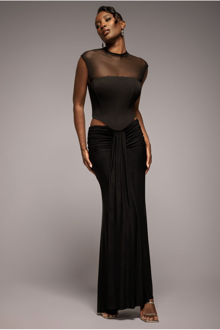 Gathered Front Dipped Waist Maxi Skirt - Black SK54