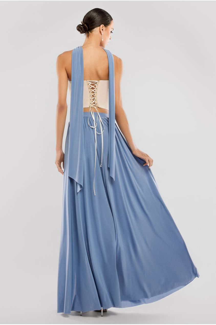 Compact Crepe Lace Up Corset With Side Split Jersey Maxi Skirt & Scarf - Beige & Blue LOOK09