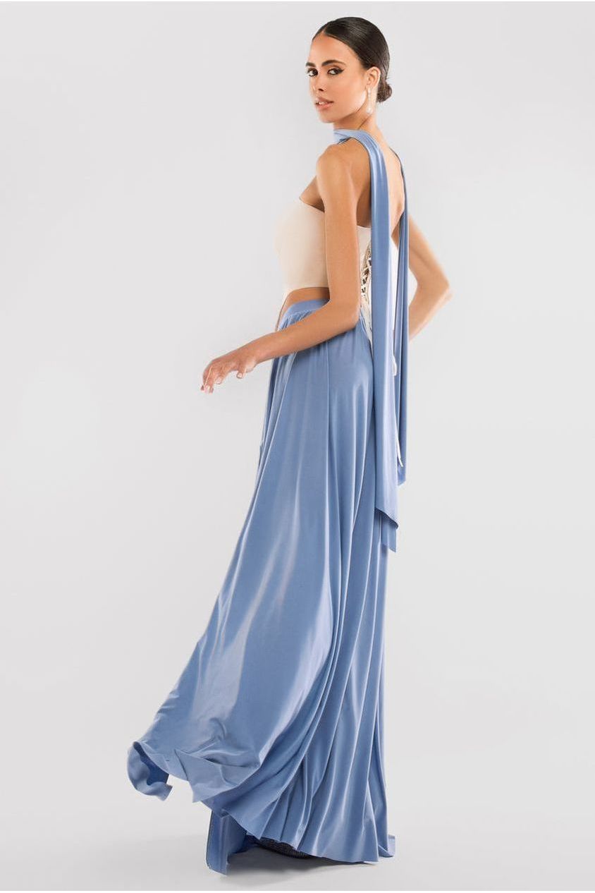 Compact Crepe Lace Up Corset With Side Split Jersey Maxi Skirt & Scarf - Beige & Blue LOOK09