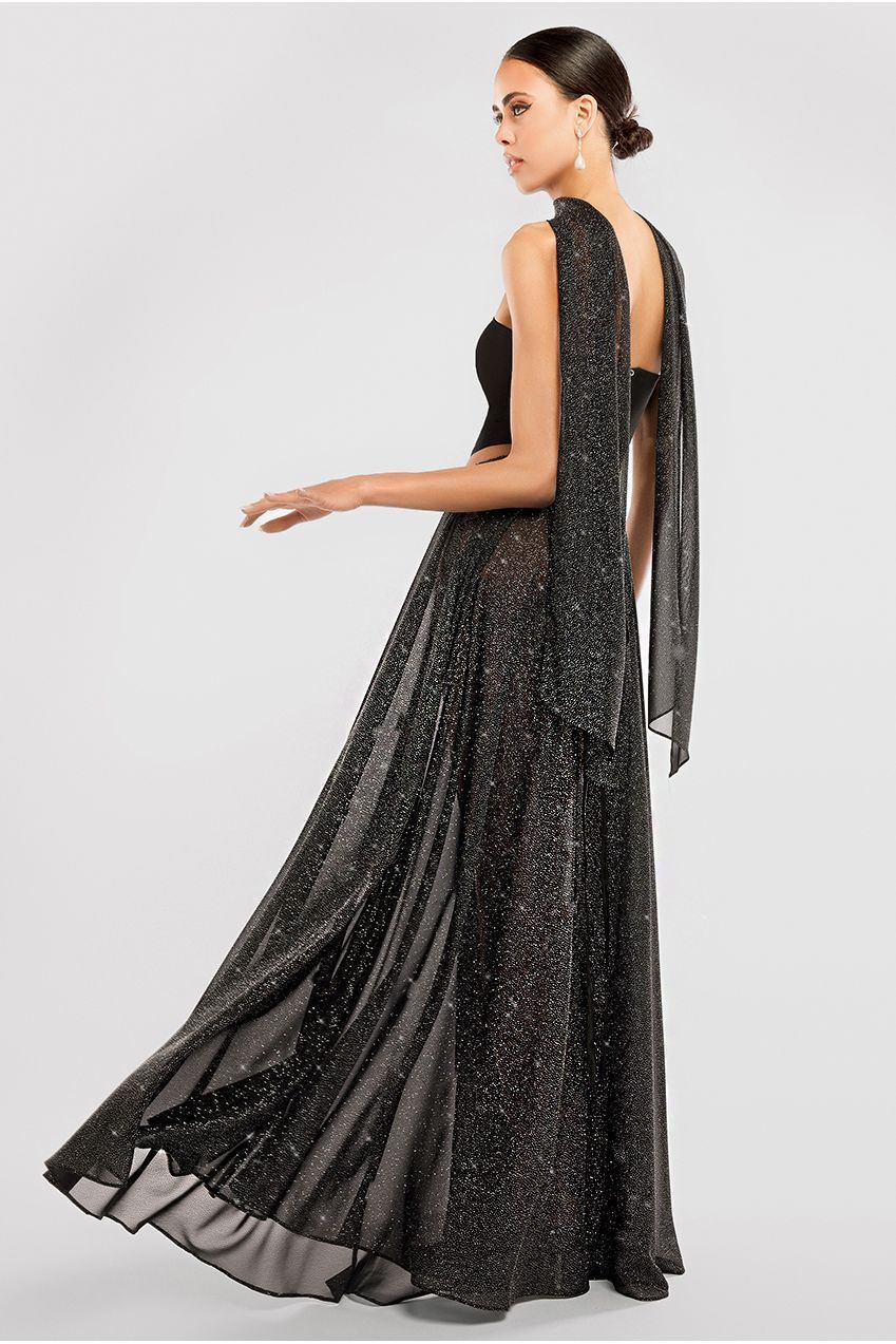 Compact Crepe Lace Up Corset With Gathered A-Line Glitter Chiffon Maxi Skirt & Scarf - Black LOOK02