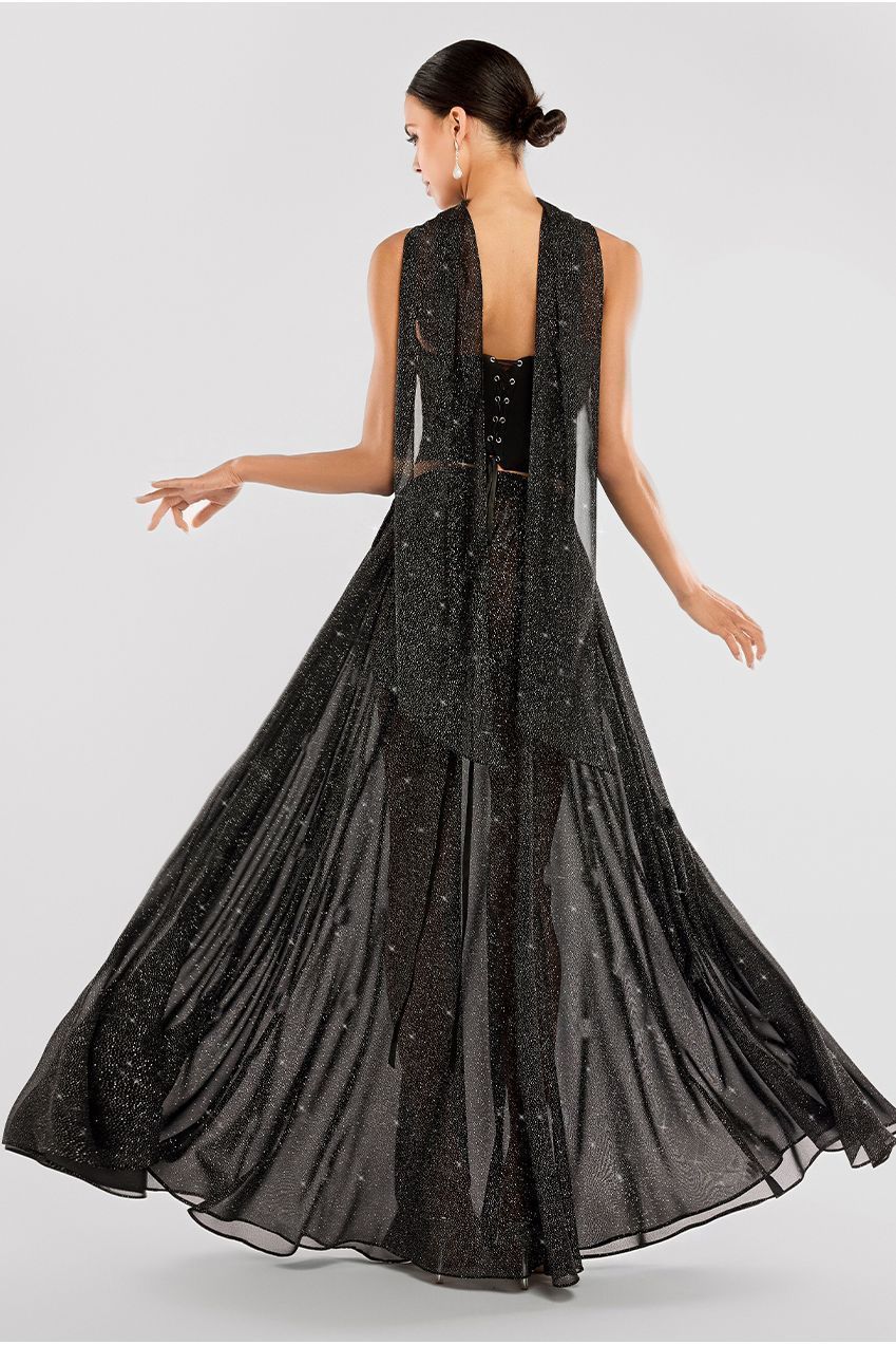 Compact Crepe Lace Up Corset With Gathered A-Line Glitter Chiffon Maxi Skirt & Scarf - Black LOOK02