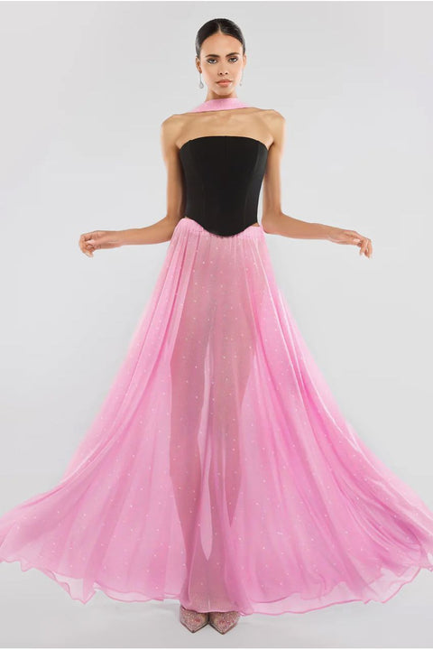 Compact Crepe Lace Up Corset With Gathered A-Line Glitter Chiffon Maxi Skirt & Scarf - Black, Pink & Pink by Goddiva