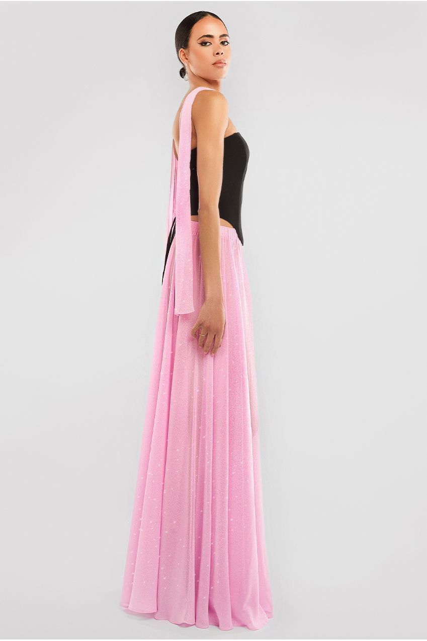 Compact Crepe Lace Up Corset With Gathered A-Line Glitter Chiffon Maxi Skirt & Scarf - Black, Pink & Pink LOOK02