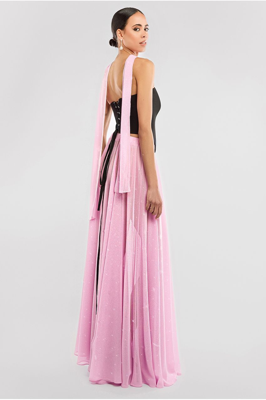 Compact Crepe Lace Up Corset With Gathered A-Line Glitter Chiffon Maxi Skirt & Scarf - Black, Pink & Pink LOOK02