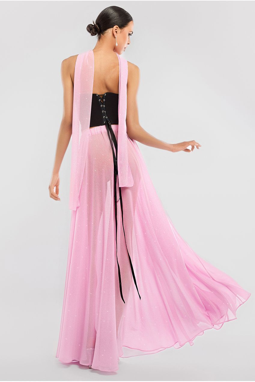 Compact Crepe Lace Up Corset With Gathered A-Line Glitter Chiffon Maxi Skirt & Scarf - Black, Pink & Pink LOOK02