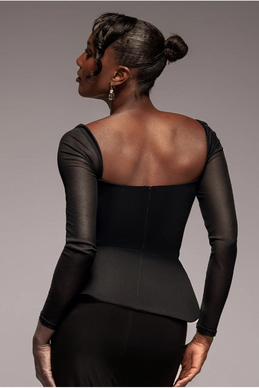 Plain Mesh Long Sleeve Scuba Crepe Peplum Top - Black T228