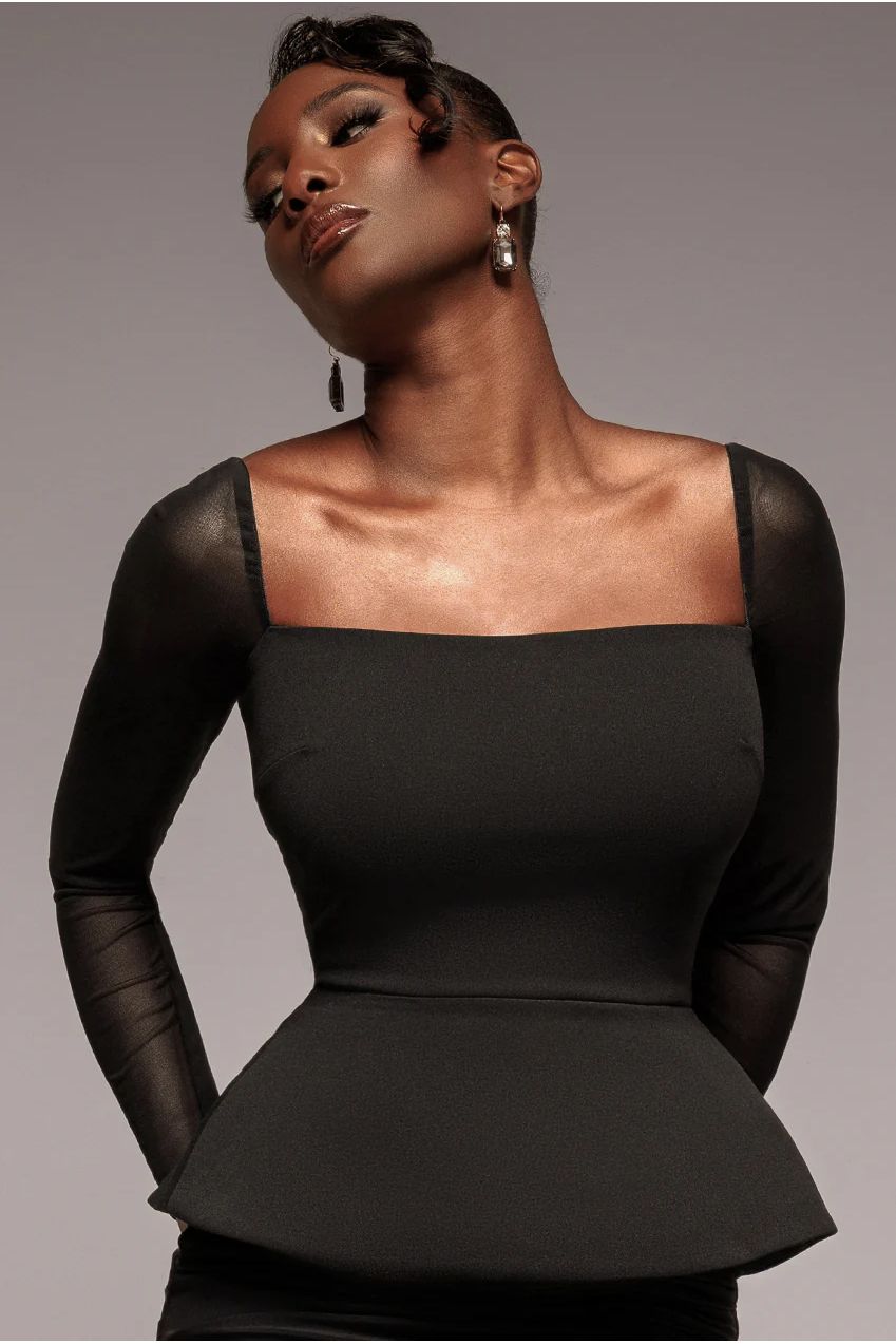 Plain Mesh Long Sleeve Scuba Crepe Peplum Top - Black T228