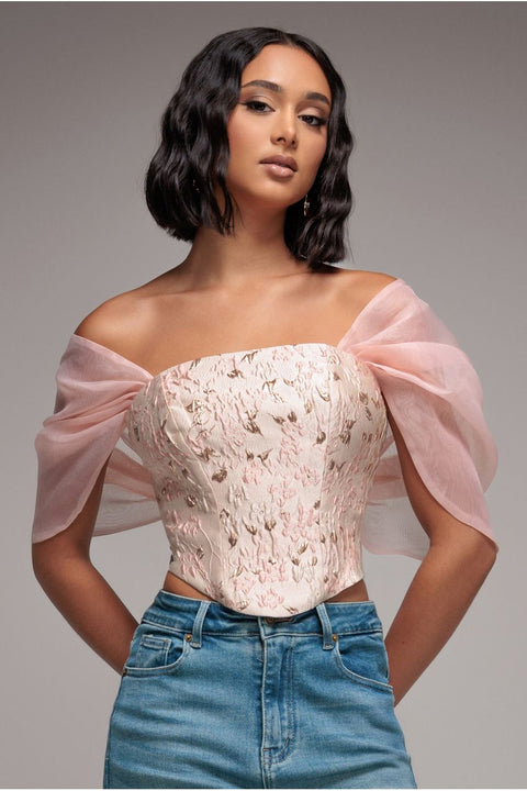 Off Shoulder Jacquard Top With Organza Wings - Blush Pink by Goddiva