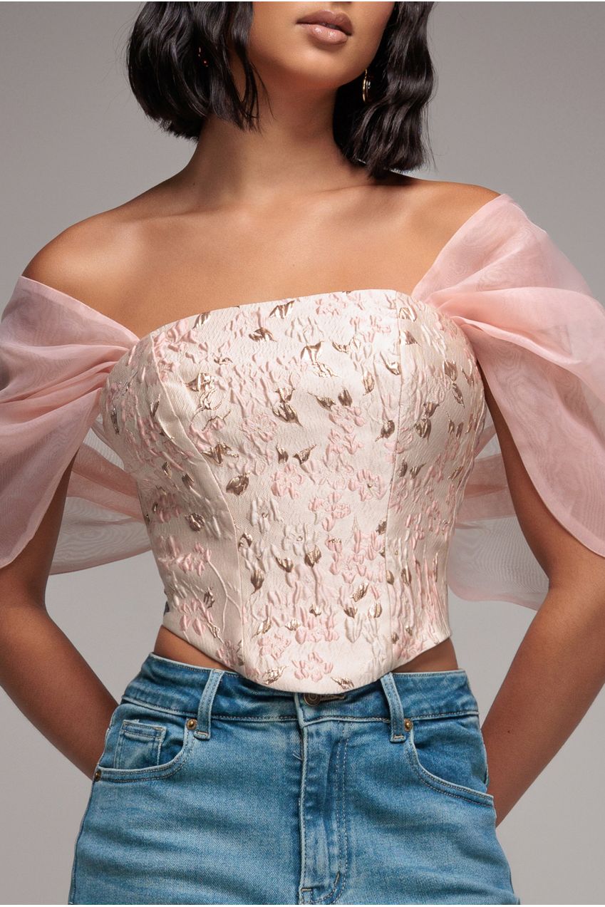 Off Shoulder Jacquard Top With Organza Wings - Blush Pink T231