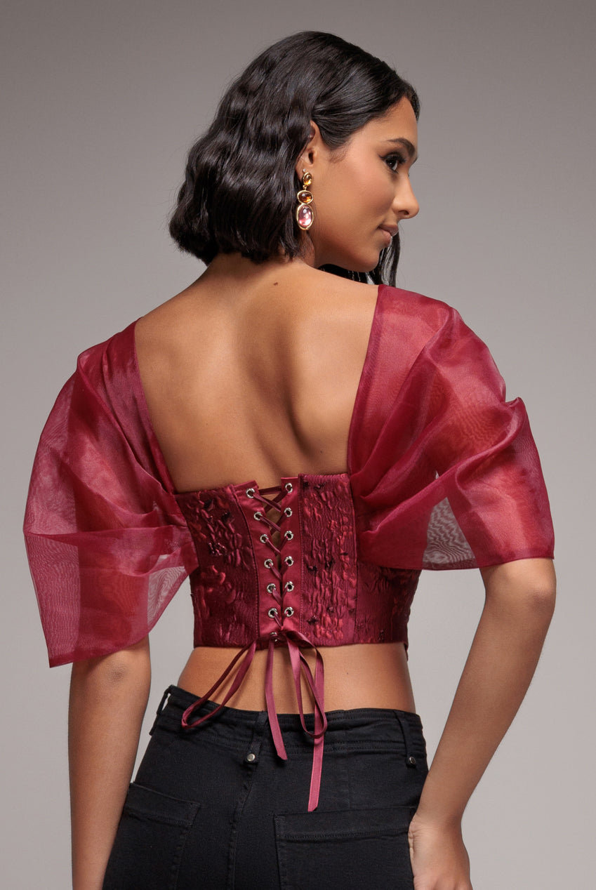 Off Shoulder Jacquard Top With Organza Wings - Burgundy Red T231