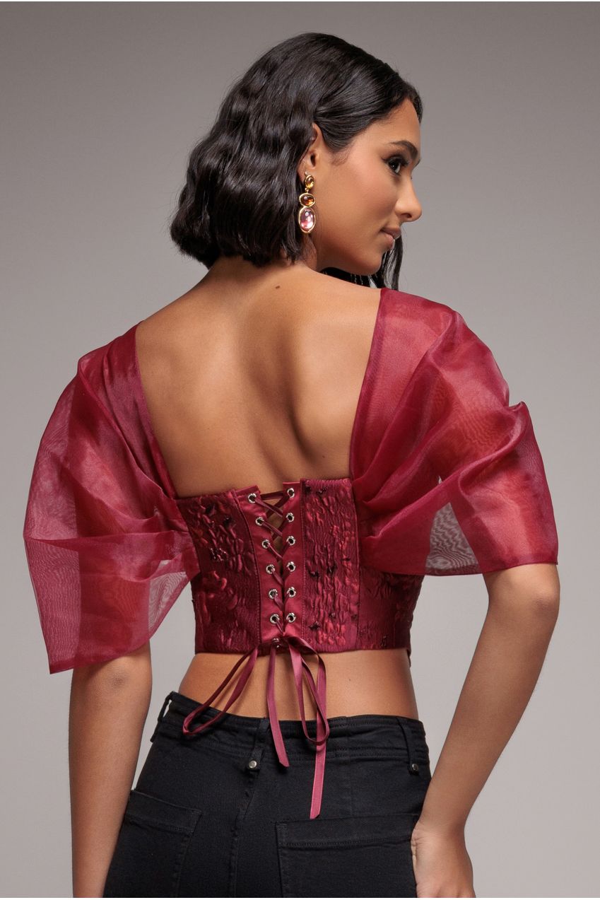 Off Shoulder Jacquard Top With Organza Wings - Burgundy Red T231
