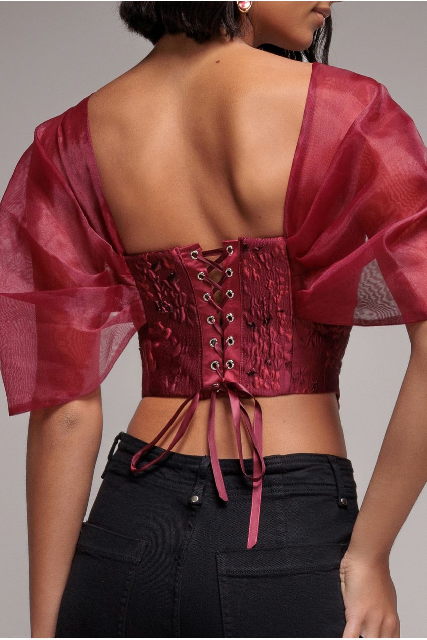 Off Shoulder Jacquard Top With Organza Wings - Burgundy Red T231