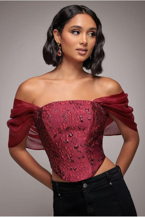 Off Shoulder Jacquard Top With Organza Wings - Burgundy Red by Goddiva