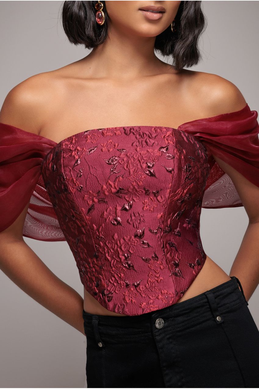 Off Shoulder Jacquard Top With Organza Wings - Burgundy Red T231