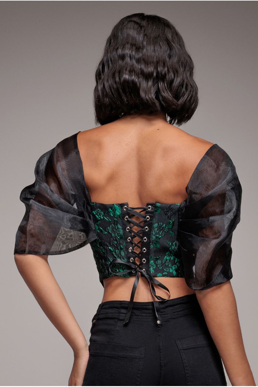 Off Shoulder Jacquard Top With Organza Wings - Emerald Black T231